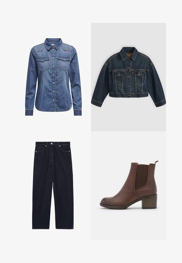 Donkerblauw cropped spijkerjasje met knoopsluiting aan de voorkant, twee borstzakken met klep en klassieke kraag, plat neergelegd op een lichte achtergrond.; Donkerblauw denim shirt met een kraag, lange mouwen, dubbele borstzakken en contrasterende stiksels.; Donkerblauwe rechte denim jeans met knoop aan de voorkant, ritssluiting en ontwerp met vijf zakken.; Bruine leren enkellaars met een gladde afwerking, elastische zijpanelen, een ronde neus en een gematigde houten hak.