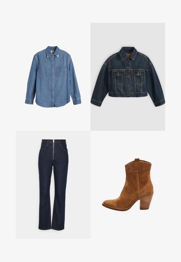 Mørkeblå kort denimjakke med knapper foran, to brystlommer med klapper og klassisk krave, vist fladt på lys baggrund.; Lys blå denimskjorte med lange ærmer, spids krave, to brystlommer og kontraststing. Har et western-inspireret yoke-design.; FRAME HIGH EXPOSED ZIP - Jeans Straight Leg - dark blue; Mellemhøj brun ruskind ankle støvle med perforeret overdel, rundet tå, trækflap og solid blokhæl.