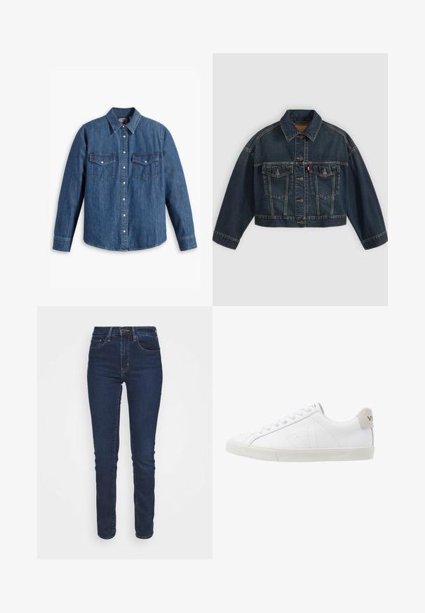 Veste en jean courte bleu foncé avec fermeture à boutons sur le devant, deux poches poitrine à rabat et col classique, présentée à plat sur fond clair.; Chemise en denim bleu moyen avec un col boutonné, des manches longues, deux poches poitrine et des boutons-pression argentés. Présente des coutures contrastées.; Jean en denim bleu foncé avec une coupe slim, taille mi-haute, poches avant et fermeture éclair. Le tissu a une texture lisse.; Baskets en cuir blanc avec une semelle en caoutchouc texturée et blanc cassé. Les caractéristiques incluent des lacets, des coutures discrètes et un accent en daim gris au niveau du talon.