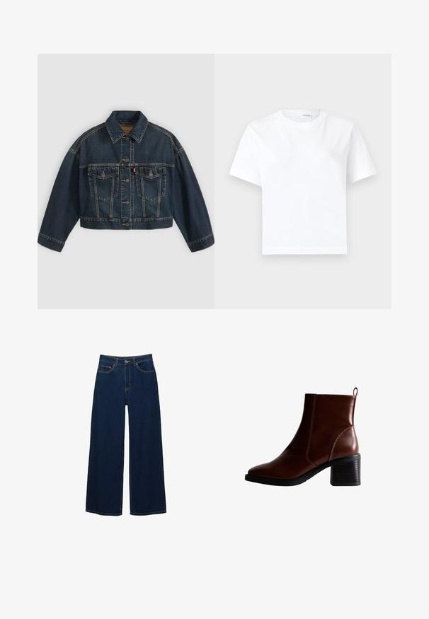 Donkerblauw cropped spijkerjasje met knoopsluiting aan de voorkant, twee borstzakken met klep en klassieke kraag, plat neergelegd op een lichte achtergrond.; Effen witte katoenen T-shirt met korte mouwen, ronde hals en rechte zoom, getoond op een witte achtergrond.; Donkerblauwe jeans met brede pijpen van spijkerstof; voorzien van voorzakken en een knoopsluiting; opvallende stiksels langs de naden; geen patronen of versieringen.; Bruin lederen enkellaars met een vierkante neus en zijnaad, een gestapelde hak van 7,5 cm en een lus aan de achterkant voor gemakkelijk aan- en uittrekken.