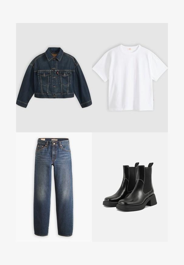 Mørkeblå kort denimjakke med knapper foran, to brystlommer med klapper og klassisk krave, vist fladt på lys baggrund.; Hvid bomuld t-shirt med korte ærmer, rund hals, afslappet pasform, glat tekstur og en lille logolabel på venstre sidesøm.; Mørkeblå denimjeans med en straight-leg design, der har fem lommer, kobbernitter og diskret falmning på lårene.; Sorte læder Chelsea-støvler med en kraftig hæl, elastiske sidepaneler og kontrastfarvet hvid syning. Tekstureret overflade.