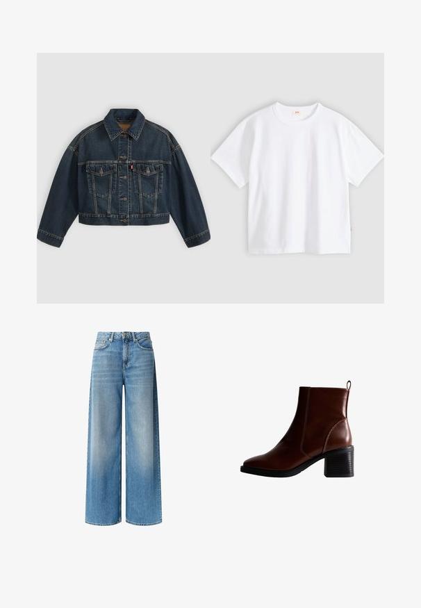 Donkerblauw cropped spijkerjasje met knoopsluiting aan de voorkant, twee borstzakken met klep en klassieke kraag, plat neergelegd op een lichte achtergrond.; Wit katoenen t-shirt met korte mouwen, ronde hals, losse pasvorm, gladde textuur en een klein logolabel aan de linker zijnnaad.; Brede blauwe denim jeans hebben een lichte wassing, hoge taille, voorzakken en een subtiele vervagingseffect langs de benen. Afgewerkt met een knoopsluiting.; Bruin lederen enkellaars met een vierkante neus en zijnaad, een gestapelde hak van 7,5 cm en een lus aan de achterkant voor gemakkelijk aan- en uittrekken.
