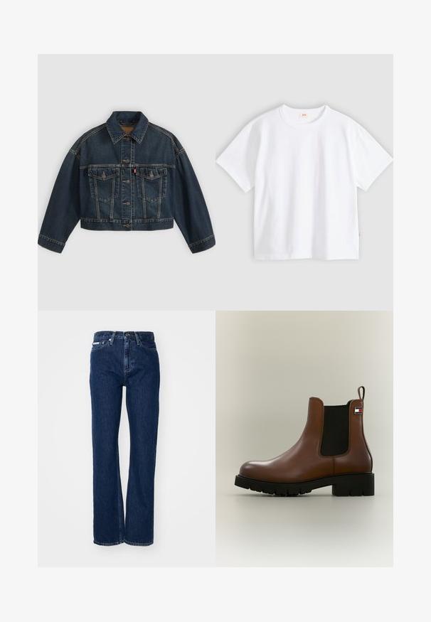 Chaqueta vaquera corta azul oscuro con cierre de botones delanteros, dos bolsillos de solapa en el pecho y cuello clásico, mostrada plana sobre fondo claro.; Camiseta blanca de algodón con mangas cortas, cuello redondo, ajuste holgado, textura suave y una pequeña etiqueta con logotipo en la costura del lado izquierdo.; Vaqueros de mezclilla azul oscuro con piernas rectas, cierre de botón y cinco bolsillos. La tela tiene una ligera textura con sutiles detalles en la costura.; Bota Chelsea de cuero marrón con panel lateral elástico negro, suela negra gruesa, lengüeta en el talón y pequeño logo rectangular en el lateral superior.