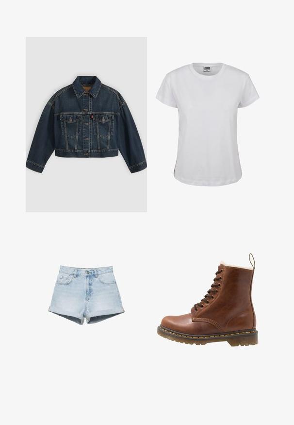 Veste en jean courte bleu foncé avec fermeture à boutons sur le devant, deux poches poitrine à rabat et col classique, présentée à plat sur fond clair.; T-shirt en coton blanc avec un col rond classique, des manches courtes et un ourlet droit. Présente une étiquette avec "URBAN CLASSICS" en noir.; Shorts en denim bleu clair avec ourlets retroussés, fermeture à boutons sur le devant, passants pour ceinture et poches avant sur fond blanc.; Bottine en cuir marron avec doublure en fourrure, bout arrondi, lacets à l'avant et surpiqûres jaunes le long de la semelle. Semelle extérieure en caoutchouc robuste pour une meilleure adhérence.