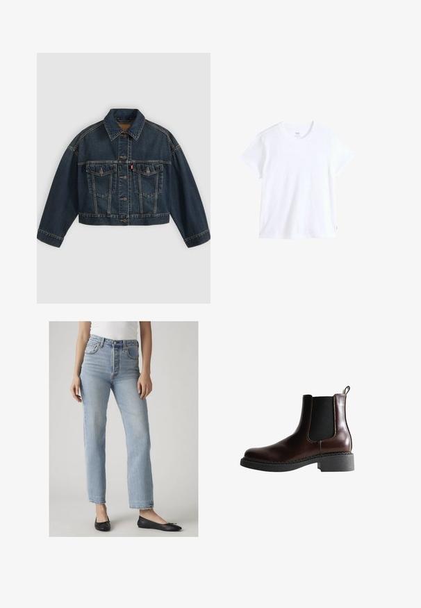 Mørkeblå kort denimjakke med knapper foran, to brystlommer med klapper og klassisk krave, vist fladt på lys baggrund.; Hvid bomuld t-shirt med korte ærmer, rund halsudskæring og lige kant. Har en lille rød logoetiket på nederste venstre side.; Kvinde iført lyseblå jeans med høj talje og lige ben samt sorte balletsko, stående mod en ensfarvet lys baggrund.; Brune læder ankelstøvle med elastiske sidepaneler, rund tå og en struktureret sort gummisål. Har kontrasterende syninger og en trækflap.