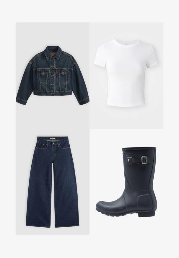 Mørkeblå kort denimjakke med knapper foran, to brystlommer med klapper og klassisk krave, vist fladt på lys baggrund.; Simpel hvid kortærmet cropped t-shirt med rund halsudskæring, præsenteret på en neutral lys baggrund.; Mørkeblå vidde cowboybukser med forlommer, bæltestropper og knaplukning, vist fladt på en lys baggrund.; Sort gummistøvle med rund tå, struktureret sål og justerbar remdetalje. Glat overflade med mat finish.
