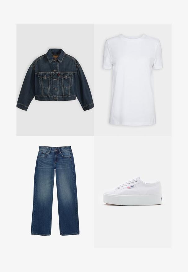 Donkerblauw cropped spijkerjasje met knoopsluiting aan de voorkant, twee borstzakken met klep en klassieke kraag, plat neergelegd op een lichte achtergrond.; Effen wit T-shirt met korte mouwen en ronde hals, normale pasvorm en een klein label aan de binnenkant van de hals met de tekst "SELECTED FEMME."; Blauwe wijde spijkerbroeken van denim met een verweerde afwerking, voorzien van vijf zakken, een knoopsluiting aan de voorkant en zichtbare stikseldetails.; Witte canvas sneaker met een dikke witte platformzool, ronde neus en metalen oogjes voor veters. Merkl logo aan de zijkant weergegeven.