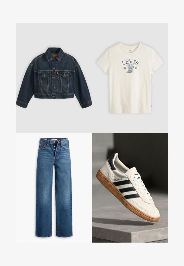 Mørkeblå kort denimjakke med knapper foran, to brystlommer med klapper og klassisk krave, vist fladt på lys baggrund.; Hvid Levi's t-shirt med kortærmet og grafik af blå cowboystøvler samt "LEVI'S 1873" trykt på brystet.; Blå denim jeans med en vid benstruktur, fem lommer, knaplukning og kontraststing. Strukturstof med en falmet overflade.; Hvide ruskinds sneakers med marineblå striber, gummisål, struktureret overdel, rund tå og snøring; har branding på siden og tungen.