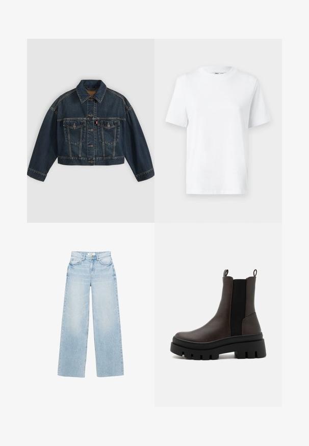 Veste en jean courte bleu foncé avec fermeture à boutons sur le devant, deux poches poitrine à rabat et col classique, présentée à plat sur fond clair.; T-shirt en coton blanc à col rond, avec des manches courtes et une texture lisse. Conçu avec une coupe décontractée pour plus de confort et de polyvalence.; Jean large à lavage clair en denim. Caractérisé par une taille haute, cinq poches et une fermeture éclair avec bouton. Texture légèrement usée.; Bottes de cheville en cuir marron avec des panneaux latéraux en élasthanne noir, une semelle épaisse noire, et des tirettes à l'arrière pour un enfilage facile.
