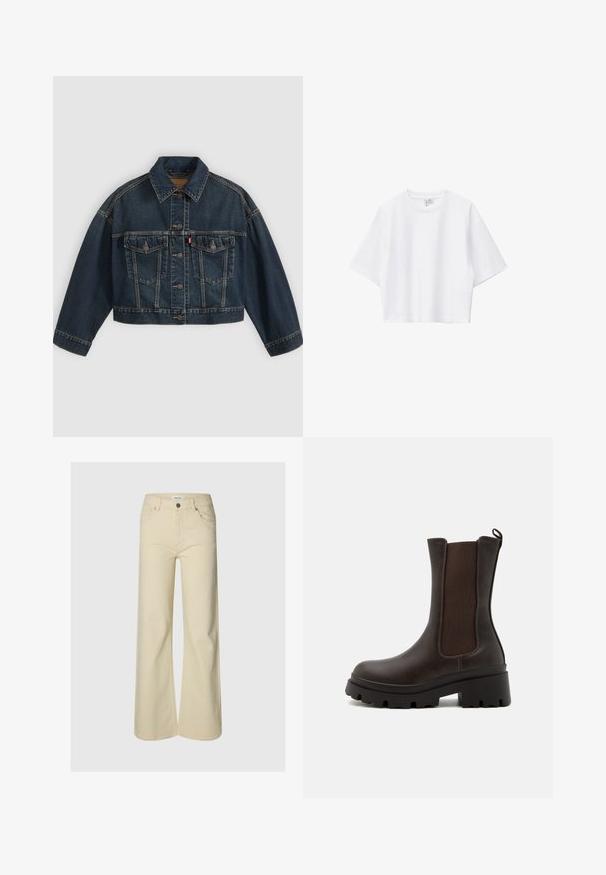 Veste en jean courte bleu foncé avec fermeture à boutons sur le devant, deux poches poitrine à rabat et col classique, présentée à plat sur fond clair.; T-shirt blanc court en coton doux, avec col rond, manches courtes et coupe décontractée. Design simple et polyvalent.; Pantalon beige taille haute à jambes larges avec bouton frontal, fermeture éclair, passants pour ceinture et deux poches avant sur fond uni.; Bottines en cuir marron avec des panneaux latéraux élastiques, semelles en caoutchouc épaisses et une languette à l'arrière. Fini texturé. Design robuste.