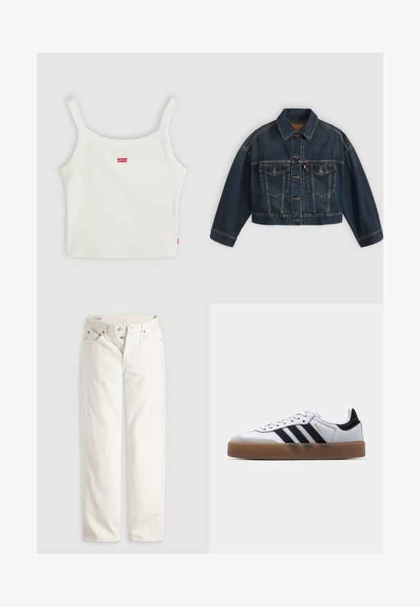 Veste en jean courte bleu foncé avec fermeture à boutons sur le devant, deux poches poitrine à rabat et col classique, présentée à plat sur fond clair.; Crop top blanc côtelé avec fines bretelles et petit logo Levi's rouge au centre devant et sur la couture latérale.; Jean blanc taille haute à jambes droites avec braguette à boutons, poches avant et arrière, et rivets en cuivre visibles aux coins des poches.; Baskets en cuir blanc avec des rayures noires, semelle extérieure en caoutchouc beige, bout rond, fermeture lacée et embout en suède gris doux.