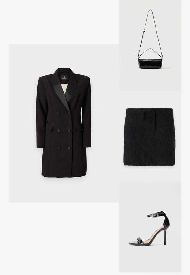 Sort strikket stof, blød og fuzzy tekstur, rektangulær form med elastisk linning og justerbart snoretræk. Minimalistisk design.; Dobbeltbreasted sort blazer kjole lavet af glat stof, med satin klap, to klaplommer og seks frontknapper.; Sort højhælet sandal i laklæder med ankelrem. Har minimalistisk design, åben tå og spænde med rhinsten-detaljer.; Sort rektangulær læder crossbody-taske med justerbar skulderrem, top lynlås og lille gyldent Calvin Klein-logo foran.