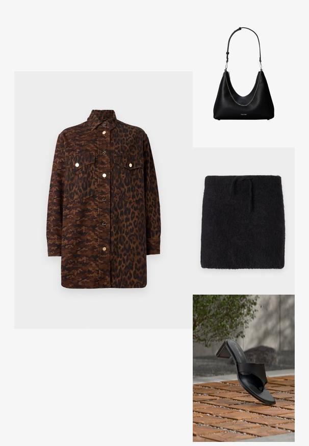 Sort strikket stof, blød og fuzzy tekstur, rektangulær form med elastisk linning og justerbart snoretræk. Minimalistisk design.; Langærmet skjorte med knapper i en blanding af brun camouflage og leopardmønstre, med forlommer med klapper og guldfarvede knapper.; Sort Calvin Klein hælet sandal med tå-loop på trægulv udendørs nær et træ og en stenmur.; Sort læderhåndtaske med sølvkæde detalje og justerbar skulderrem, med Calvin Klein-logo på forsiden.