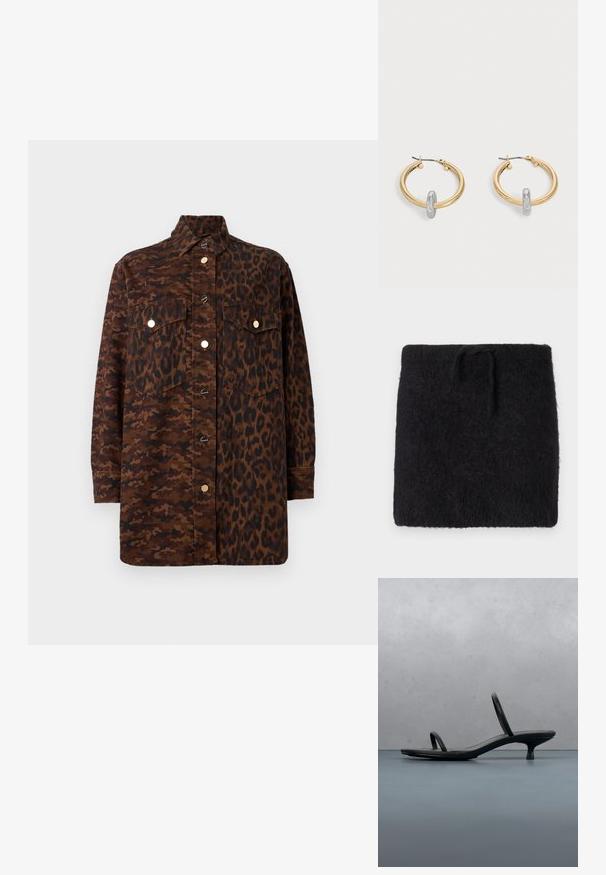 Čierna pletená látka, mäkká a chlpová textúra, obdĺžnikového tvaru s elastickým pásom a nastaviteľným viazaním. Minimalistický dizajn.; Košeľa s dlhým rukávom na zapínanie na gombíky, s kombinovaným hnedým maskáčovým a leopardím vzorom, s prednými vreckami s klopami a zlatými gombíkmi.; Čierna sandála Calvin Klein na podpätku s tenkými remienkami, vyvážená na drevených dlaždiciach vonku pri stene a zelene.; Pár zlatých kruhových náušníc s malým strieborným detailom v tvare slučky na každom, vystavené na svetlosivom pozadí.