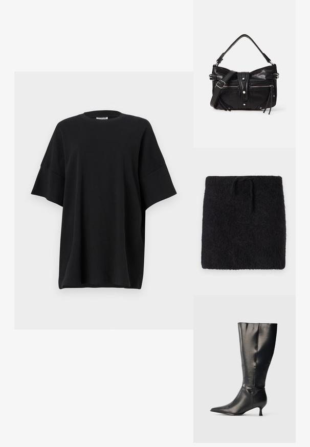 Schwarzer Strickstoff, weicher und flauschiger Textur, rechteckige Form mit einem elastischen Bund und verstellbarem Bindeband. Minimalistisches Design.; Schwarz oversized T-Shirt aus Baumwolle, mit Rundhalsausschnitt und kurzen, weiten Ärmeln, die eine glatte Textur und einen entspannten Schnitt bieten.; Schwarzer kniehoher Lederstiefel mit spitzer Zehenpartie und niedrigem Kittenabsatz, präsentiert vor einem schlichten hellen Hintergrund.; Even&Odd H24462 - Handtasche - black