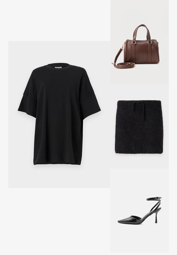 Zwart gebreid stof, zachte en donzige textuur, rechthoekige vorm met een elastische tailleband en verstelbare strik. Minimalistisch ontwerp.; Zwarte oversized t-shirt van katoen, met een ronde halslijn en korte, brede mouwen. Het heeft een soepele textuur en een relaxte pasvorm.; Zwarte pumps met puntige neus, dunne enkelbandjes en een zilveren gesp op een effen lichte achtergrond.; Donkerbruine gevlochten leren handtas met dubbele gevlochten handvatten, gouden beslag en afneembare schouderriem opgerold aan de voorkant.