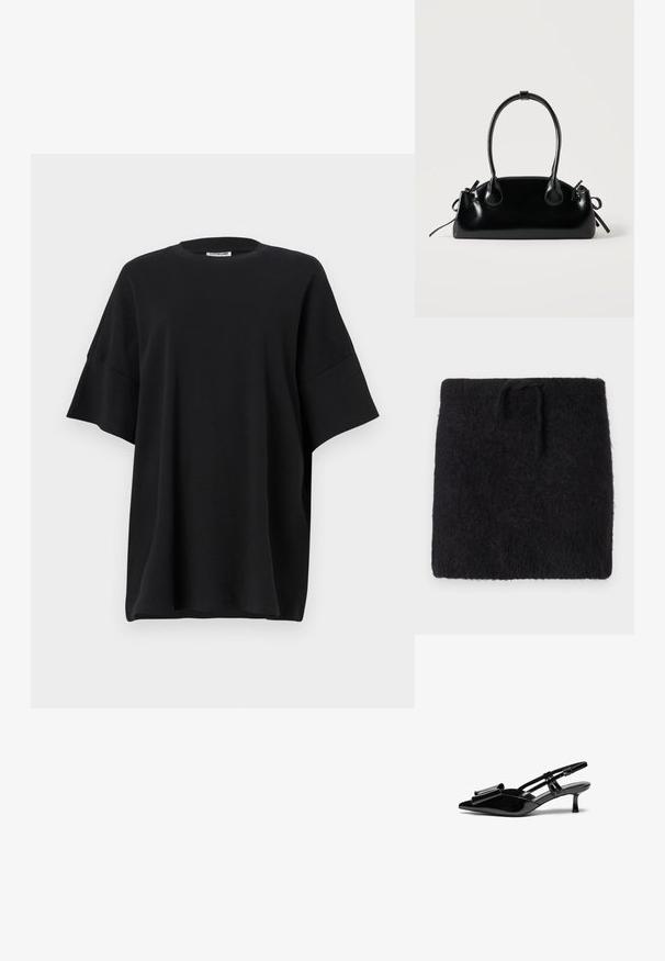 Sort strikket stof, blød og fuzzy tekstur, rektangulær form med elastisk linning og justerbart snoretræk. Minimalistisk design.; Sort oversized t-shirt lavet af bomuld, med rund halsudskæring og korte, brede ærmer, der har en glat tekstur og en afslappet pasform.; Sorte patenterede læderslingbacks med spids tå, en sløjfedetalje foran og en lille stilettohæle. Remmene har justerbare spænder.; Lille sort blank håndtaske med to lange håndtag og snøre-detaljer i siden på en ensfarvet lys baggrund.