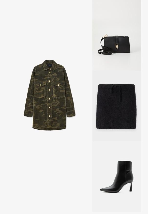 Sort strikket stof, blød og fuzzy tekstur, rektangulær form med elastisk linning og justerbart snoretræk. Minimalistisk design.; Langærmet grøn og brun camo kordfløjl skjortejakke med krave, knaplukning foran og to brystlommer med klap.; Sort læderankelstøvle med spids tå og slank, høj stilet hæl, vist i sideprofil på hvid baggrund.; Tommy Hilfiger LIBRE MINI - Skuldertasker - black