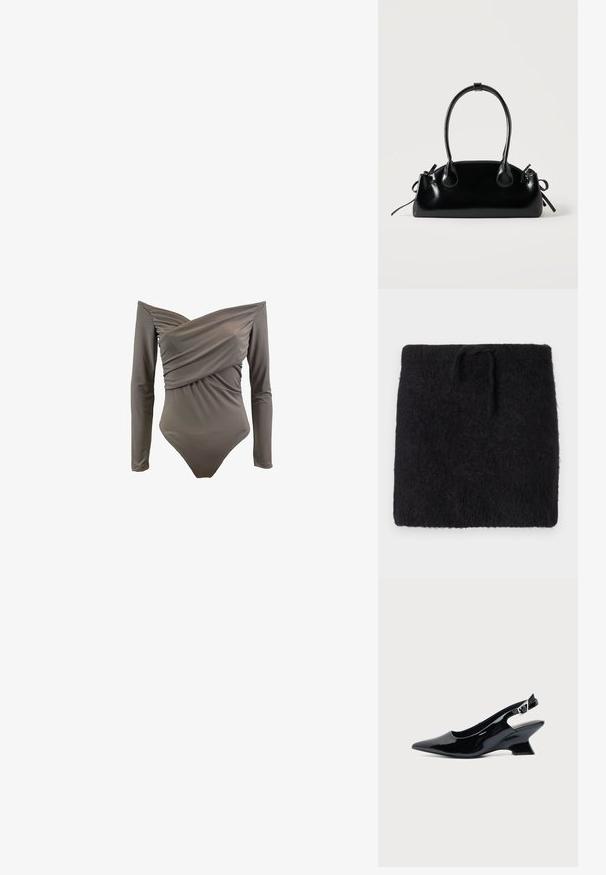 Sort strikket stof, blød og fuzzy tekstur, rektangulær form med elastisk linning og justerbart snoretræk. Minimalistisk design.; Off-shoulder ensfarvet badetøj i olivengrøn med lange ærmer, draperet front og glat, strækbart stof.; Sort laklæder slingback sko med spids tå og lav vinklet blokhæl på ensartet lys baggrund.; Lille sort blank håndtaske med to lange håndtag og snøre-detaljer i siden på en ensfarvet lys baggrund.