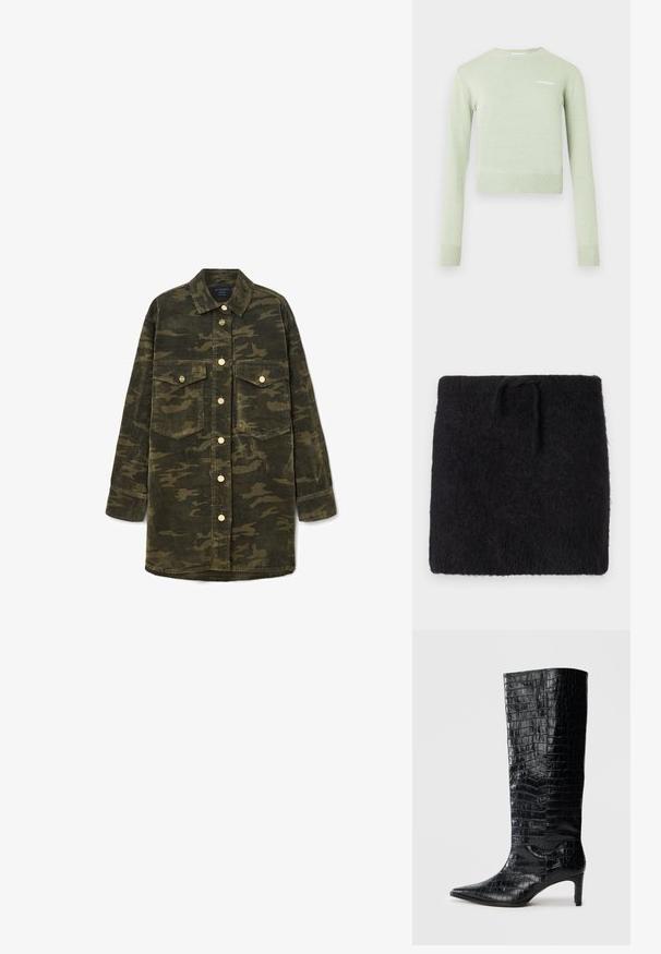 Must tumes, pehme ja karvane tekstuur, ristkülikukujuline kuju, elastse vöökoht ja reguleeritav nööriga. Minimalistlik disain.; Heleroheline pullover-suurusega kampsun, millel on soonilised krae ja varrukaservalõiked. Lühike, keha järgi lõigatud stiil, millel on väike valge logo rinnal.; Pikkade varrukatega roheline ja pruun kamuflaažiga puuvillane jakk särgiga, millel on krae, nööbid ees ja kaks rinna taskut klapiga.; Mustad põlvekõrged saapad läikiva krokodillinahajäljendiga, terava varba ja kitseneva kontsaga. Sile sünteetiline materjal.