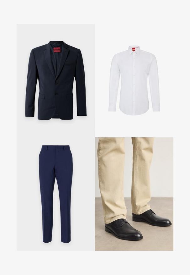 Blazer azul marino con dos botones, solapas de muesca y bolsillos laterales; cuenta con una etiqueta roja "HUGO" en el interior. Tela suave y estructurada.; Camisa blanca de manga larga con cuello, que presenta un cierre frontal de botones y un tejido suave y liso. Sin patrones ni acentos visibles.; Pantalones ajustados azul marino hechos de una tela suave, con un corte slim, frente plano y una cinturilla estándar con pasadores para cinturón.; Zapatos de cuero negro con cordones, puntera redondeada, acabado suave y sutiles detalles de costura, combinados con pantalones de color beige claro.