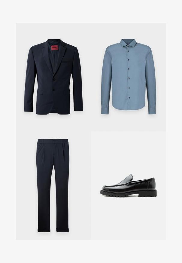 Marineblazer met twee knopen, notch-revers en zijzakken; heeft een rode "HUGO" label aan de binnenkant. Glad, gestructureerd stof.; Lichtblauw shirt met lange mouwen, gemaakt van katoen, met een puntkraag, knoopsluiting aan de voorkant en zwarte knopen. Gladde textuur, afgeronde zoom.; Marineblauwe broek gemaakt van zachte stof, met een elastische tailleband, plooien aan de voorkant en cuffs aan de onderkant. Glad oppervlak, minimalistisch ontwerp.; Zwarte leren loafer met dikke rubberen zool, gestikte bovenkant en gegraveerde merknaam op de hiel, zijaanzicht op witte achtergrond.