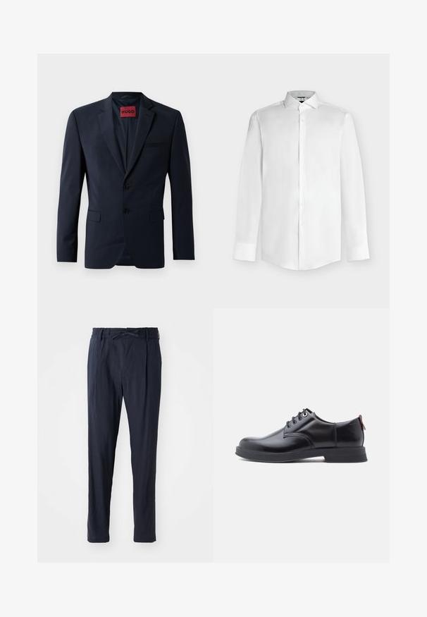 Marineblazer mit zwei Knöpfen, Reverskragen und Eingrifftaschen; innen mit rotem "HUGO"-Label ausgestattet. Glattes, strukturiertes Gewebe.; Weißes Hemd mit langen Ärmeln, spitzem Kragen und Knopfleiste vorne auf hellem grauem Hintergrund.; Marineblaue Hose mit elastischem Bund und Kordelzug. Verfügt über ein gerades Beindesign und eine leichte, glatte Stofftextur.; Schwarze Leder-Schnürschuhe mit glatter Textur, rundem Zehenbereich und dezenten Ziernähten. Mit einem roten Laschenband an der Ferse.