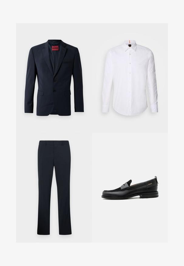 Tumes sinine bleiser kahe nupuga, klappi kraega ja küljetaskutega; sees on punane "HUGO" silt. Sile, struktureeritud kangas.; Valge pikakä sleeve'iga nööbitav särk, valmistatud puuvillast, klassikalise kraega, kerge logoga rinna lähedal ja valged nööbid.; Meeste mustad sirgelõikelised püksid vööaasade ja eesmine lukk, esitatud heledal taustal.; Must nahast loafer halli rihma detailiga, madala kand ja tekstuurse tallaga, külgedel kuldse "HUGO" brändiga.