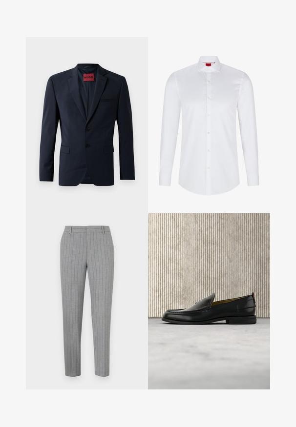Blazer azul marino con dos botones, solapas de muesca y bolsillos laterales; cuenta con una etiqueta roja "HUGO" en el interior. Tela suave y estructurada.; Camisa blanca de manga larga con botones, hecha de algodón suave. Presenta un cuello clásico, una botonera completa y un dobladillo redondeado.; Pantalones a rayas grises con un ajuste entallado, frente plano y bolsillos laterales. Fabricados con una tela suave y un brillo sutil.; Mocasín de cuero negro para hombre con empeine grabado en relieve de cocodrilo y tacón bajo, mostrado de perfil sobre un fondo neutro.