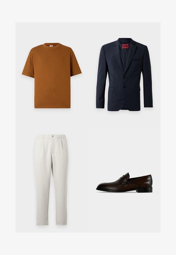 Marineblazer met twee knopen, notch-revers en zijzakken; heeft een rode "HUGO" label aan de binnenkant. Glad, gestructureerd stof.; Bruin t-shirt met korte mouwen, gemaakt van zachte stof, met een ronde halslijn en een ontspannen pasvorm met rechte onderrand. Geen zichtbare patronen of accenten.; Lichtbeige broek met een ontspannen pasvorm en een lichte glans, voorzien van een elastische tailleband, steekzakken aan de voorkant en een taps toelopende pijp.; Donkerbruine leren herenslof met een gestructureerd bovenwerk en een lage zwarte hak tegen een effen lichtgrijze achtergrond.