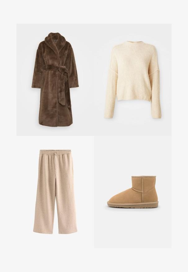 Brun badekåbe i imiteret pels med sjalskrave, lange ærmer, bindebånd i taljen og sidelommer. Blød tekstur og midt-længde design.; Cremefarvet strikket sweater med ribbede manchetter og nederdel, der har et let cropped design og en afslappet pasform. Blød tekstur, ingen mønstre.; Beige bukser med vide ben, elastisk talje og snørre, lavet af et blødt, plettet stof.; Brun ruskinds ankelstøvle med rund tå og polstret krave, der har kontrastsyninger og en tekstureret gummisål.