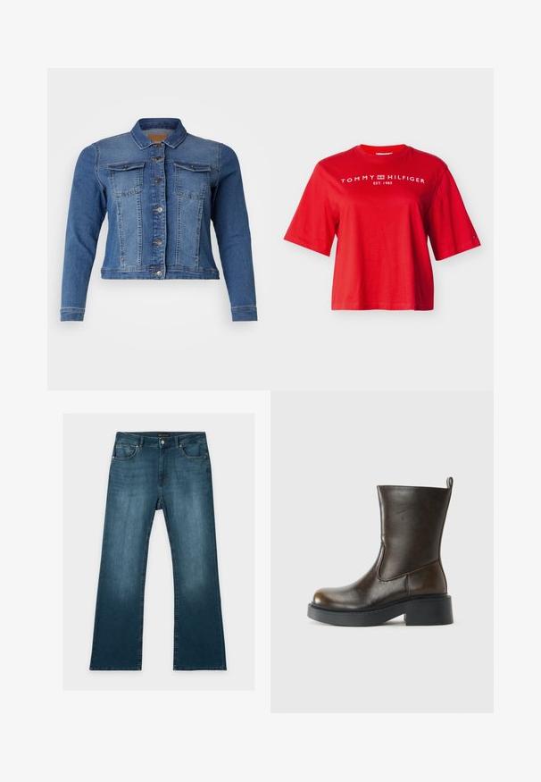 Denimjakke i mellemblå farve med knaplukning foran, to brystlommer og lange ærmer. Klassisk design med let falmende detaljer.; Rød kortærmet Tommy Hilfiger T-shirt med hvidt logotekst og emblem på brystet og et lille flaglogo på venstre ærme.; Blå jeans med lige ben, foran- og baglommer, knap- og lynlåslukning og subtile falmede detaljer på lår og knæ.; Mørkebrune læderstøvler til midten af læggen med rund tå, tyk sort sål, lav blokhælel og en trækflap bagpå.