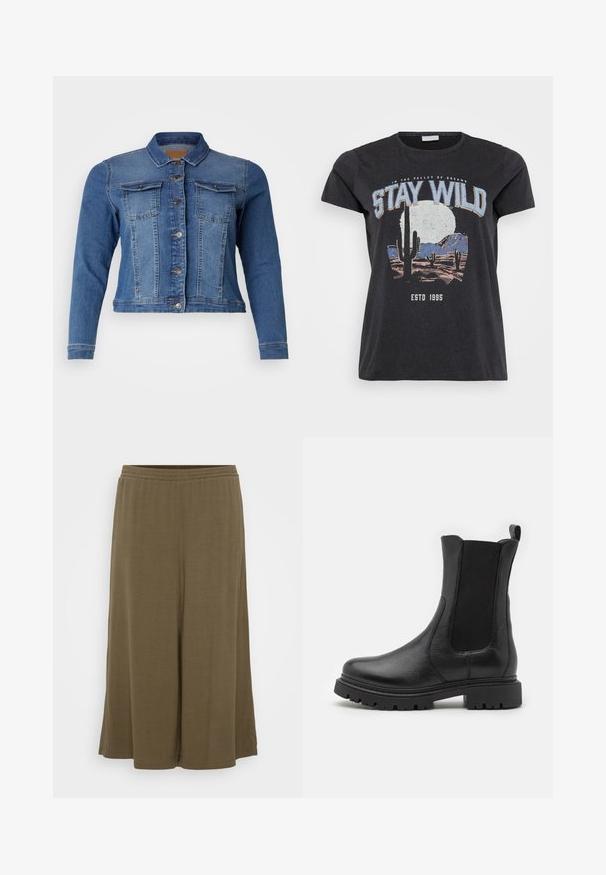 Denimjas in medium blauw, met een knoopsluiting aan de voorkant, twee borstzakken en lange mouwen. Klassiek ontwerp met lichte vervagingdetails.; Zwarte katoenen t-shirt met een grafische print van een woestijnlandschap met cactussen, een maan en de tekst "STAY WILD" in blauwe letters.; Olijfgroene wijdere broeken van lichtgewicht stof. Kenmerken zijn een elastische tailleband en een ontspannen pasvorm, met een gladde, vloeiende textuur.; Zwarte leren enkellaarsjes met elastische zijkanten, een ronde neus en een robuuste zool met uitgesproken profielgroeven.