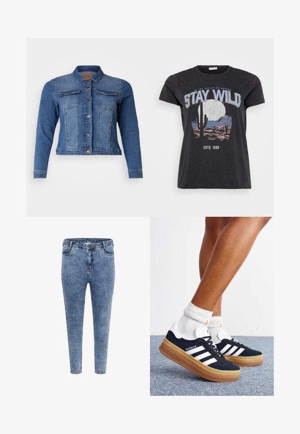 Denimjakke i mellemblå farve med knaplukning foran, to brystlommer og lange ærmer. Klassisk design med let falmende detaljer.; Sort bomulds t-shirt med et grafisk print af en ørken-scene med kaktusser, en måne og sætningen "STAY WILD" i blå skrifttype.; Blå denim skinny jeans med høj talje, fem lommer og lynlåslukning. Stoffet har en let falmet tekstur med kontrasterende syninger.; Ben iført hvide sokker og sorte Adidas Gazelle sneakers med hvide striber og tykke brune såler på et gråt tæppe.