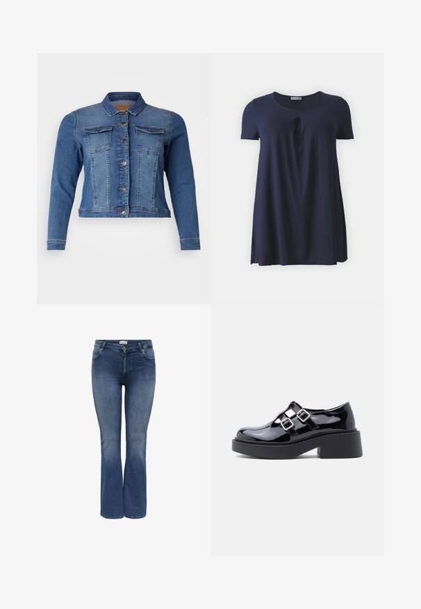 Denimjas in medium blauw, met een knoopsluiting aan de voorkant, twee borstzakken en lange mouwen. Klassiek ontwerp met lichte vervagingdetails.; Marineblauw T-shirt met korte mouwen en een ronde halslijn, voorzien van een subtiele gedraaide detail aan de voorkant, gemaakt van zachte, gladde stof.; Denim flare jeans in medium blauw met een gladde textuur, voorzien van zijzakken en een ritssluiting. Subtiele whisker-details.; Zwarte plateauplatformschoenen van lakleer met brede hak, open design en twee zilveren gespen over de wreef. Platte rubberen zool.