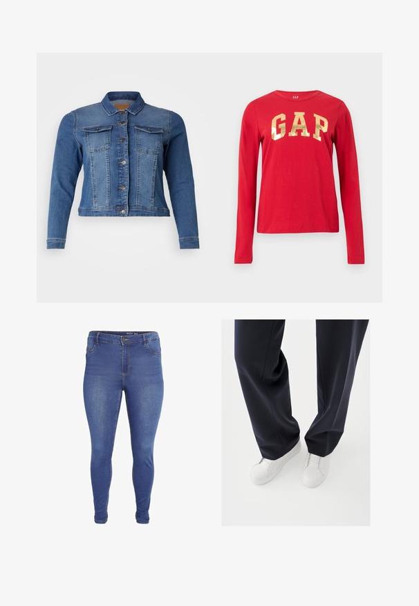 Denimjakke i mellemblå farve med knaplukning foran, to brystlommer og lange ærmer. Klassisk design med let falmende detaljer.; Rød langærmet trøje med rund hals og stort skinnende gyldent "GAP"-logo centreret på brystet.; Blå skinny jeans med forlommer, bæltestropper, knaplukning og let falmet effekt på lår og knæ.; Hvide sneakers med teksturerede gummisåler og flade snørebånd, kombineret med mørkeblå bukser i løs, glat stof og skræddersyet pasform.