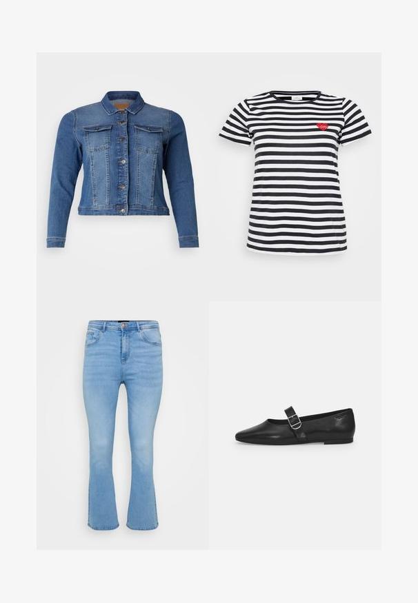 Denimjakke i mellemblå farve med knaplukning foran, to brystlommer og lange ærmer. Klassisk design med let falmende detaljer.; Sort og hvid stribet t-shirt med rund hals og korte ærmer, med en lille rød hjertebrodering på venstre bryst.; Lyseblå flagrende jeans i denim af bomuld. Features høj talje, fem lommer og synlige sømme langs sømme og kant.; Sorte læder flade sko med rund tå, et enkelt justerbart spænde og en glat, blank overflade. Minimalistisk design med en lav hæl.