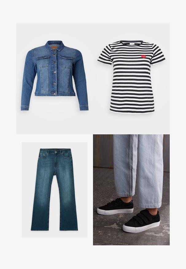 Denimjas in medium blauw, met een knoopsluiting aan de voorkant, twee borstzakken en lange mouwen. Klassiek ontwerp met lichte vervagingdetails.; Zwart-wit gestreepte T-shirt met een ronde hals en korte mouwen, voorzien van een kleine rode hartborduursel op de linkerkant van de borst.; Blauwe jeans met rechte pijpen, voor- en achterzakken, knoop- en ritssluiting, en subtiele vervaagde details op dijen en knieën.; Zwarte corduroy sneakers met drie klittenbandsluitingen en een gestructureerde bovenkant. Lage witte rubberen zool. Draag met lichtblauwe cropped broeken.