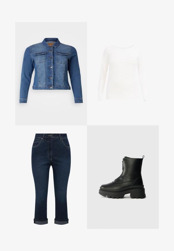 Denimjakke i mellemblå farve med knaplukning foran, to brystlommer og lange ærmer. Klassisk design med let falmende detaljer.; Hvid langærmet skjorte med rund halslinje, lavet af glat, let stof. Har et simpelt design uden mønstre eller accenter.; Mørkeblå denim korte jeans med forlommer, knaplukning og optrukne kanter.; Sorte læder ankelstøvler med lynlås, tyk gummisål, ribbet detaljer omkring sålen, og en løkke bagpå.