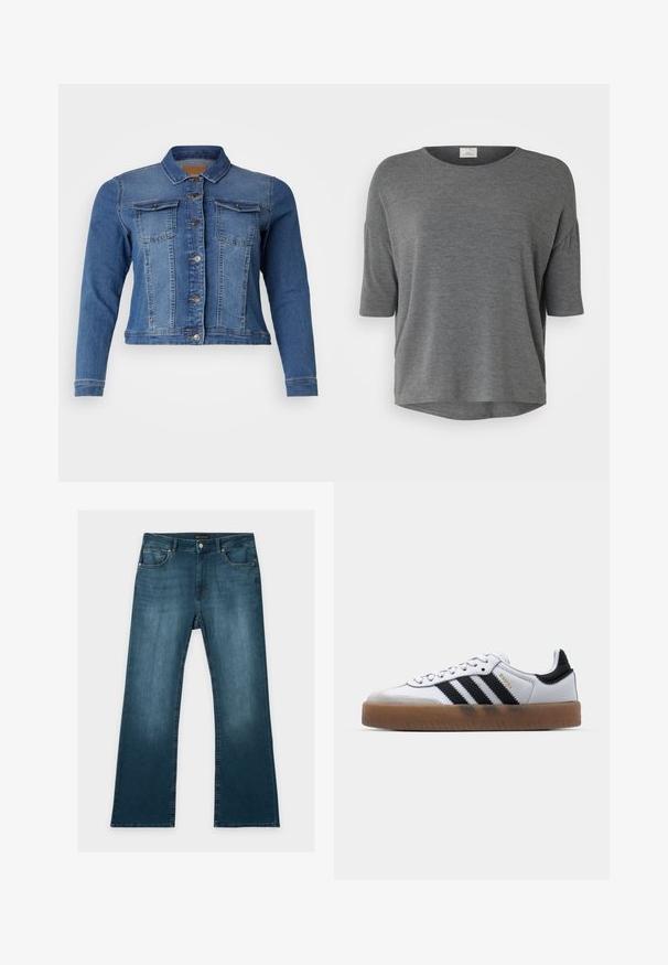 Jeansjacke in mittlerem Blau, mit einer Knopfleiste vorne, zwei Brusttaschen und langen Ärmeln. Klassisches Design mit leichten Ausbleichungen.; Graues Kurzarmoberteil aus weichem Material mit lockerer Passform, rundem Ausschnitt und abgerundetem Saum. Keine auffälligen Muster oder Akzente.; Blaue Jeans mit geradem Bein, vorderen und hinteren Taschen, Knopf- und Reißverschluss und dezenten verblassten Details an Oberschenkeln und Knien.; Weiße Leder Sneakers mit schwarzen Streifen, Gummigummi-Außensohle, runder Zehenform, Schnürverschluss und weichem grauem Wildleder-Zehenkappe.