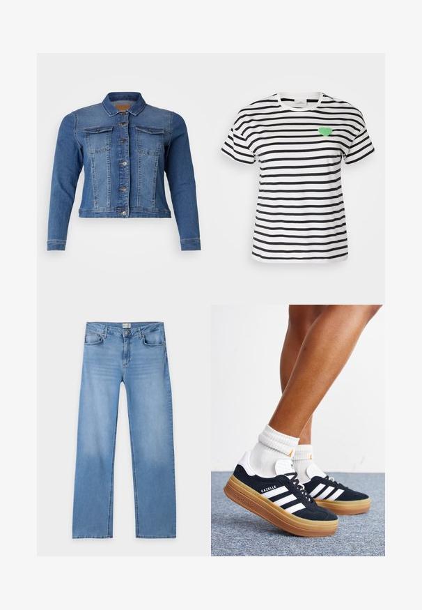 Denimjas in medium blauw, met een knoopsluiting aan de voorkant, twee borstzakken en lange mouwen. Klassiek ontwerp met lichte vervagingdetails.; Korteboom T-shirt met ronde hals in zwart-witte strepen, met een groen fuzzy hartpatch op de linkerkant van de borst.; Lichtblauwe rechte jeans met knoop- en ritssluiting, riemlussen en vijf zakken, plat neergelegd op een witte achtergrond.; Ben met witte sokken en zwarte Adidas Gazelle sneakers met witte strepen en dikke bruine zolen op een grijs tapijt.