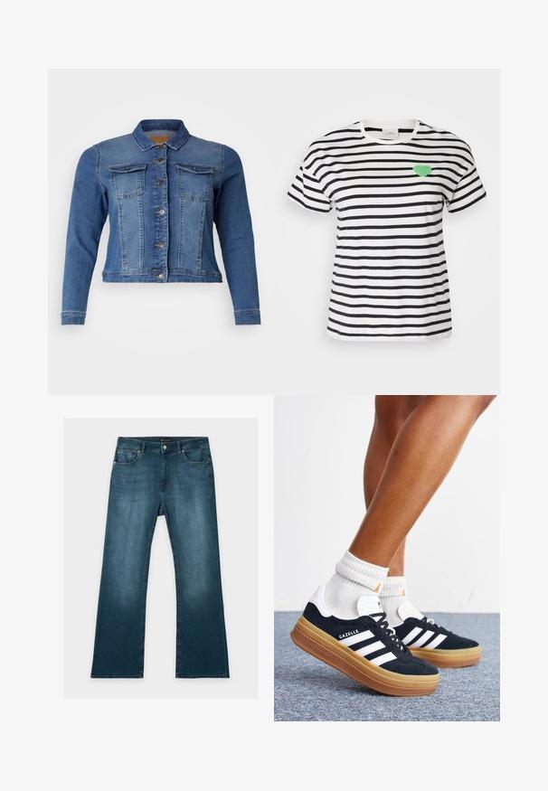 Denimjas in medium blauw, met een knoopsluiting aan de voorkant, twee borstzakken en lange mouwen. Klassiek ontwerp met lichte vervagingdetails.; Korteboom T-shirt met ronde hals in zwart-witte strepen, met een groen fuzzy hartpatch op de linkerkant van de borst.; Blauwe jeans met rechte pijpen, voor- en achterzakken, knoop- en ritssluiting, en subtiele vervaagde details op dijen en knieën.; Ben met witte sokken en zwarte Adidas Gazelle sneakers met witte strepen en dikke bruine zolen op een grijs tapijt.