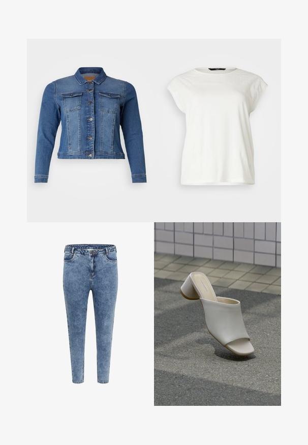 Denimjas in medium blauw, met een knoopsluiting aan de voorkant, twee borstzakken en lange mouwen. Klassiek ontwerp met lichte vervagingdetails.; Witte t-shirt met korte mouwen, voorzien van een gestructureerde kant yoke, ronde halslijn en een ontspannen pasvorm. Zacht katoenen materiaal met subtiele details op de schouders.; Blauwe denim skinny jeans met een hoge taille, vijf zakken en een ritsluiting. De stof heeft een licht vervaagde textuur met contrasterende stiksels.; Enkele witte open teen mule met blokhak op geplaveide grond nabij betegelde muur, schuin geplaatst om zij- en bovenaanzichten te tonen.