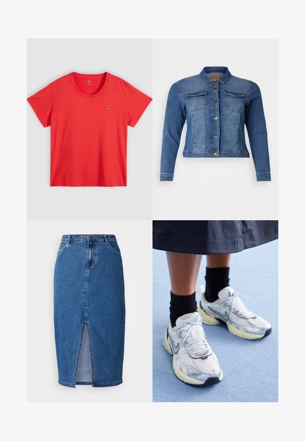 Denimjas in medium blauw, met een knoopsluiting aan de voorkant, twee borstzakken en lange mouwen. Klassiek ontwerp met lichte vervagingdetails.; Rode katoenen T-shirt met een ronde hals, korte mouwen en een klein Levi's logo op de linkerborst. Soepele textuur, ontspannen pasvorm.; Denimrok in medium blauw met een voorste split, hoge taille, vijf zakken en ceintuurlussen. De stof heeft een gestructureerde afwerking.; Witte en zilveren Nike sneakers van meshstof, met reflecterende accenten en een beige zool. Gedragen met zwarte sokken, staand op een blauwe ondergrond.