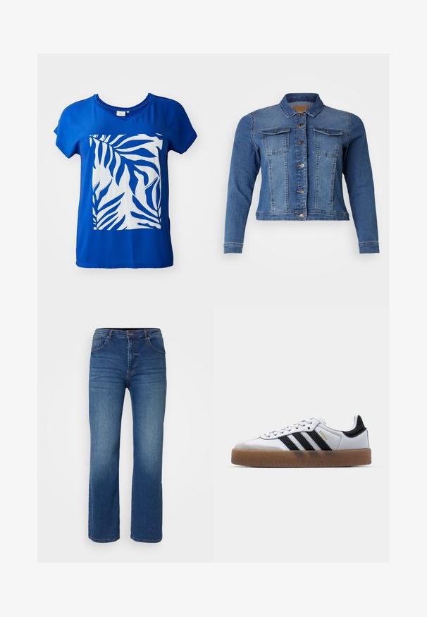Denimjakke i mellemblå farve med knaplukning foran, to brystlommer og lange ærmer. Klassisk design med let falmende detaljer.; Blå kortærmet T-shirt med et stort hvidt zebra-bladtryk foran. Glat stof med en afslappet pasform og V-hals-design.; Mørkeblå denim jeans med lige ben-design, fem lommestil og en knap- og lynlåslukning. Glat tekstur med minimal falming.; Hvide lædersneakers med sorte striber, gummirubber sål, rund tå, snørelukning og blød grå ruskinds tåhætte.