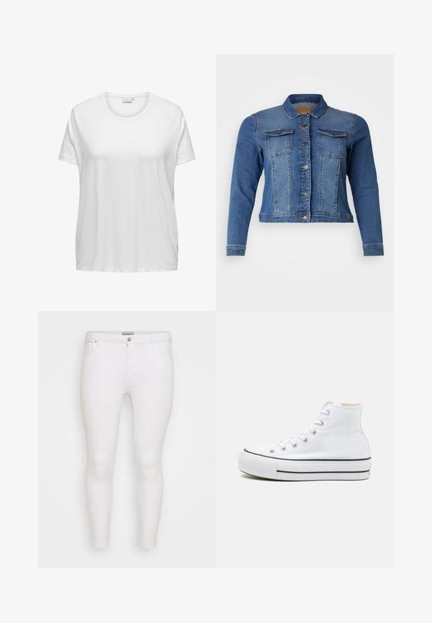 Chaqueta de denim en azul medio, con cierre de botones en la parte frontal, dos bolsillos en el pecho y mangas largas. Diseño clásico con ligeros detalles de desgaste.; Camiseta de algodón blanca con escote redondo y mangas cortas. Corte relajado con una textura suave y sin patrones ni acentos visibles.; Pantalones vaqueros blancos ajustados hechos de denim con una textura suave. Cuenta con un diseño estándar de cinco bolsillos y cierre de botón metálico.; Zapatillas altas blancas de material de lienzo, con suela de goma negra y una franja negra en el mediopie. Punta circular y diseño de cordones.