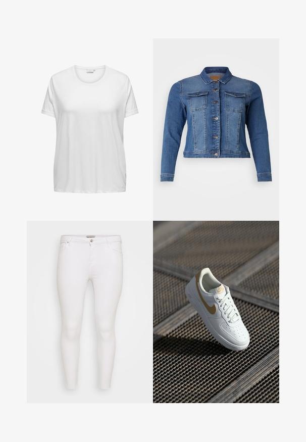 Veste en denim bleu moyen, avec une fermeture à boutons à l'avant, deux poches poitrine et des manches longues. Conception classique avec des détails de décoloration légers.; T-shirt en coton blanc avec un col rond et des manches courtes. Coupe décontractée avec une texture lisse et sans motifs ni accents visibles.; Jean skinny blanc en denim à la texture lisse. Comprend un design standard à cinq poches et une fermeture à bouton en métal.; Baskets en cuir blanc avec des accents dorés, bout rond, design perforé sur la boîte à orteils et lacets plats. Présente un logo 'Air' sur la semelle.