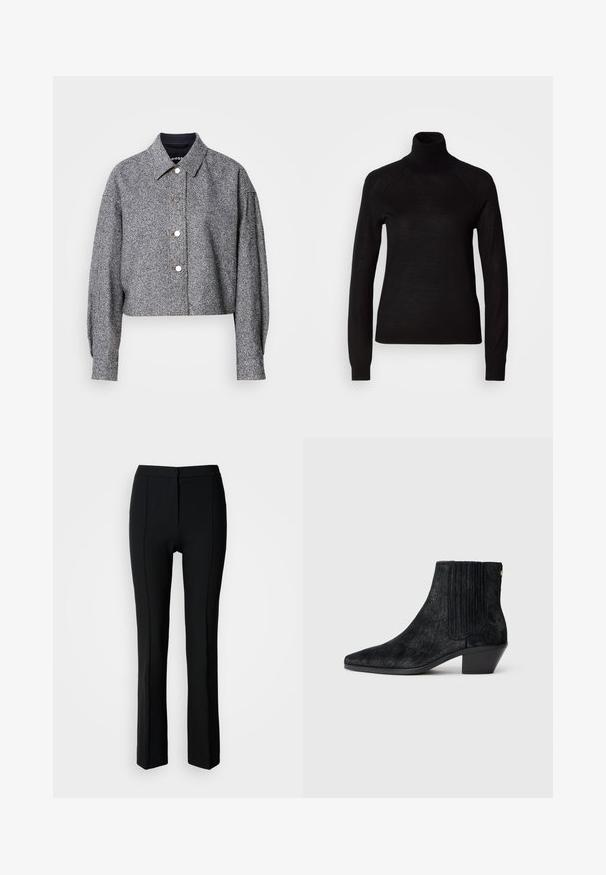 Kurze graue Jacke aus strukturiertem Stoff mit einem dezenten Muster; verfügt über einen spitzen Kragen, lange Ärmel und silberne Druckknöpfe.; Schwarzer Rollkragenpullover aus leichtem Strickmaterial. Mit langen Ärmeln und einer figurbetonten Silhouette mit Raglanärmeln.; Schwarze Hosen mit taillierter Passform, die eine glatte Textur, ein gerades Bein-Design und subtile Nahtdetails an der Vorderseite aufweisen.; Schwarze Knöchelstiefel mit spitzem Zehen, strukturiertem haarähnlichem Material, geripptem Seitenpaneel und niedrigem Blockabsatz. Schlichtes und modernes Design.