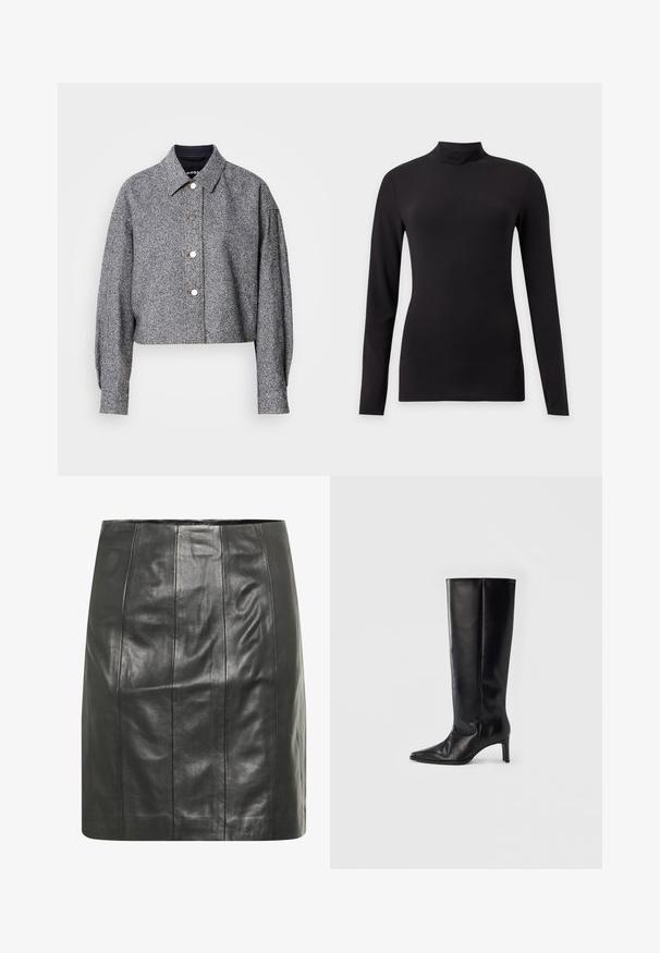 Veste grise courte en tissu texturé avec un motif subtil ; comporte un col pointu, des manches longues et des boutons-pression argentés.; Haut noir ajusté à manches longues avec col montant, présenté sur un fond gris clair uni.; Jupe en cuir noir avec une silhouette ajustée, présentant des coutures verticales pour plus de texture et une finition lisse.; Bottes noires montantes en cuir lisse, avec un bout pointu et un talon fin, une tige ajustée et un design minimaliste.