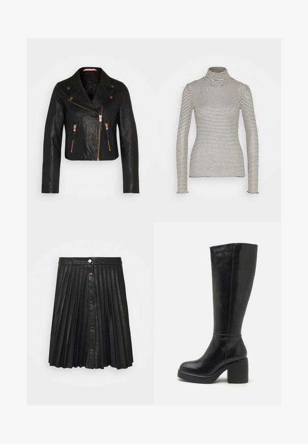 Mustmust nahkkr Burton krootne jakk, millel on soonikkurg, kuldne riistvara, nurga all esine tõmblukk ja kaks tõmblukkudega taskut. Sujuv tekstuur, sobiv disain.; Anna Field by Zalando Pikkade varrukatega topp - beige/black; VILA VIAMINA BUTTON SKIRT - Miniseelik - black; Zign by Zalando LEATHER - Kõrge kontsaga saapad - black